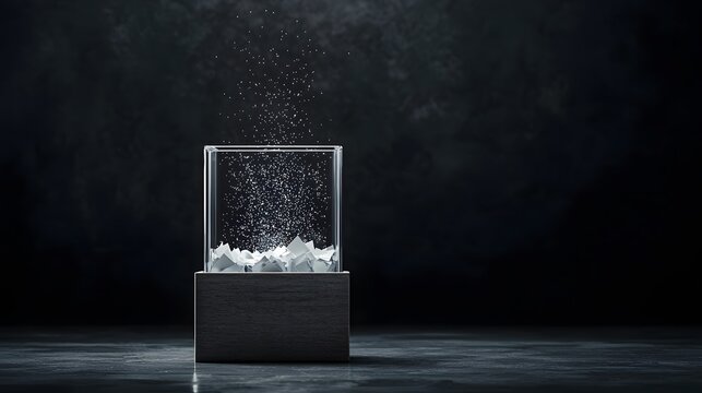 A transparent ballot box filled with white voting papers set against a dark background, symbolizing democracy. It captures the essence of civic participation.. Foundation of democratic values