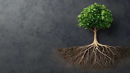 A tree with lush green leaves and prominent roots, set against a muted background. It captures the essence of growth and stability beautifully. Foundation of democratic values