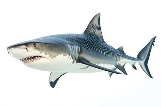A tiger shark swims against a white background with its mouth open, revealing its sharp teeth.