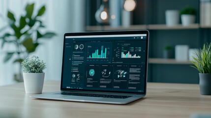 A laptop displaying content management system (CMS) with various data visualizations and analytics. modern workspace features plants and clean aesthetic, creating productive atmosphere