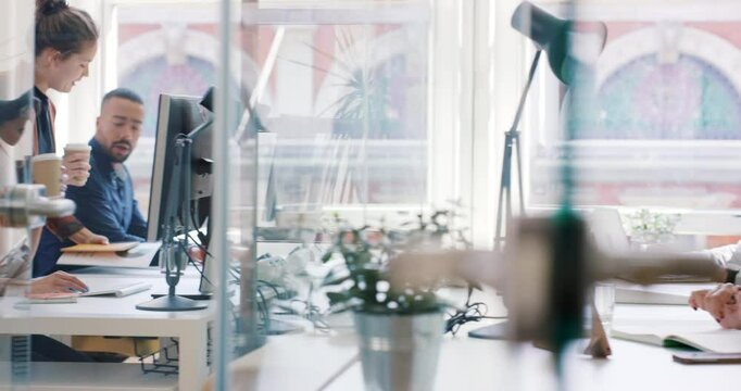 Business people, coworking and employees working in office, digital marketing and web design, seo and graphic design at marketing agency. Creative job, startup company and professional people work.