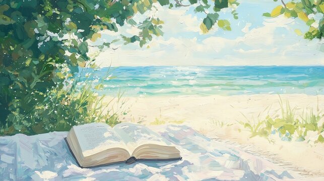 Open book on a blanket at a beach with a view of the ocean against a sunny sky.