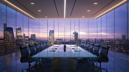 Plakat Modern glass conference table in a high rise office with a city skyline view.