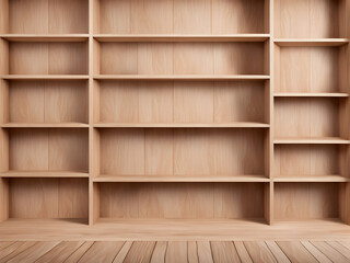 blank wooden bookshelf interior background