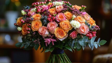 Obraz premium Beautiful Bouquet of Peach and Pink Roses with Eucalyptus and Berries