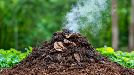 Steam Rising from Fresh Compost Pile in Garden
