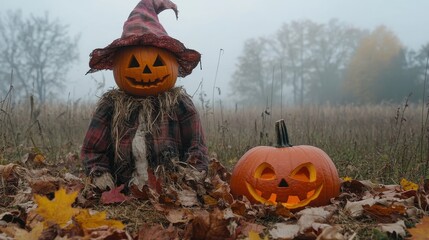 Autumn Harvest: Jack-o'-Lanterns and Scarecrow in the Countryside