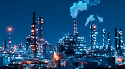 Industrial Nightscape with Emitting Smoke and Lights