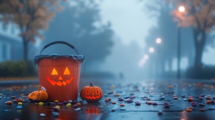 Festive Halloween Pumpkin Bucket and Candies on a Foggy Evening