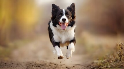 Fototapeta premium A black and white border collie dog with its tongue sticking out runs across a path in a field.