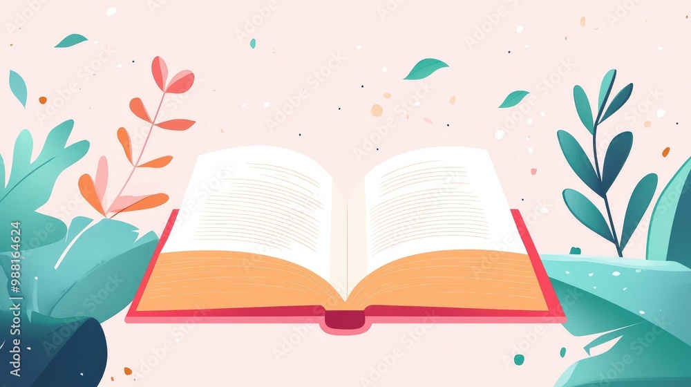 Poster minimalistic open book illustration with basic shapes on transparent background in pastel colors.