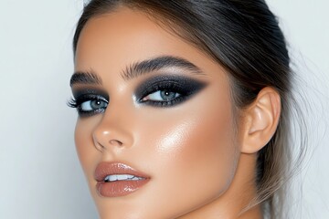 A model showcasing a dramatic smoky eye makeup look, with dark eyeshadow blending perfectly