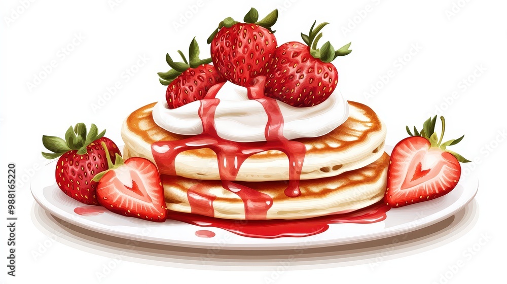 Poster sweet pancake delight with fresh strawberries and cream in minimal vector style on white background,