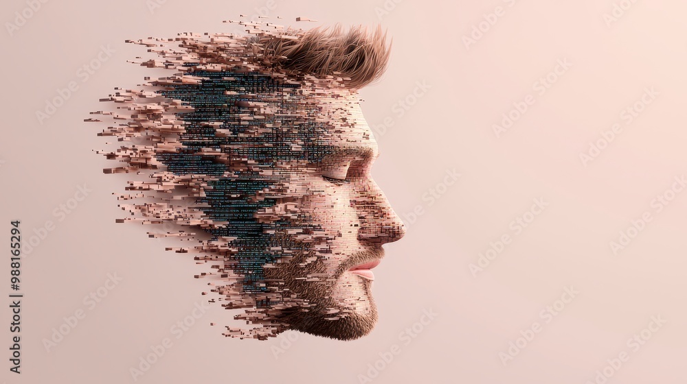 Poster digital man abstract portrait of a man made of pixels and code