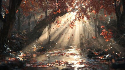 Autumn Forest Stream With Sun Rays And Falling Leaves
