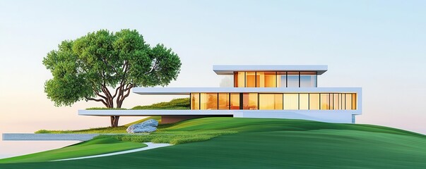 Modern house on a hill, minimalist design with large windows, natural elements balanced with sleek architecture, soft dawn light