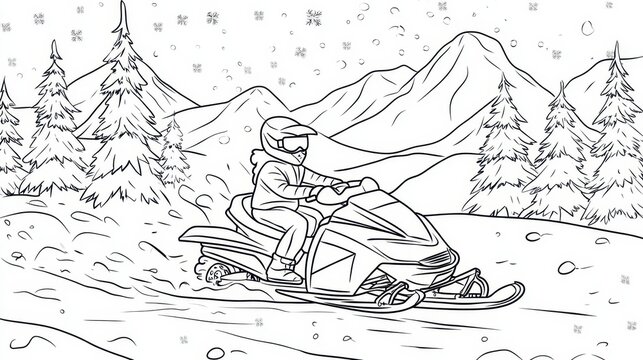 Snowmobiling Through a Snowy Mountain Landscape