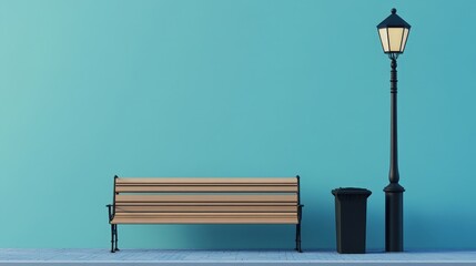 Obraz premium Modern Minimalist Urban Bench with Street Lamp and Bin in 3D Rendering against Blue Studio Background
