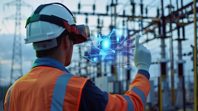 Construction worker wearing VR goggles interacting with digital interface in front of power station for illustrating advanced technology immersive training and modern industrial operations concept.