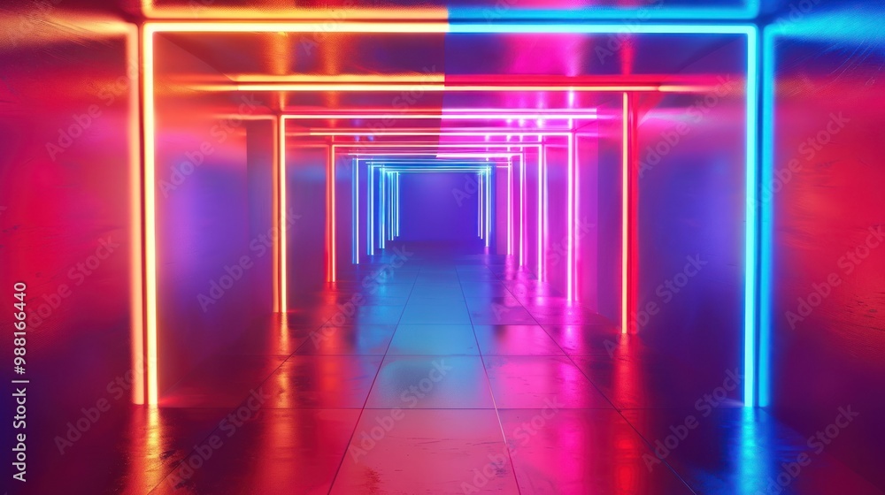 Poster illustration of a corridor with an abstract neon background built into the wall ai generated image