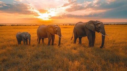 Fototapeta premium African Elephant Family Sunset Savanna Grassland Wildlife