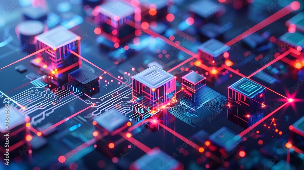 Poster close-up of an abstract representation of a circuit board with glowing lines and connections, depict