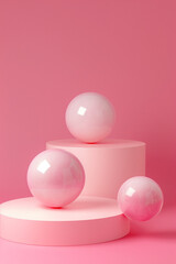 Obraz premium Minimalist podium surrounded by abstract balls on a pink pastel background