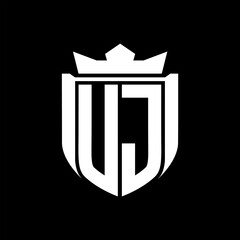 UJ Letter logo shield shape inside shield badge crown on black background template design