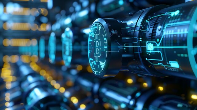 Bitcoin symbol on futuristic machine with representing digital currency and its blockchain technology for highlighting innovation in finance and secure transactions concept.