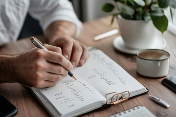 Organized Man Planning Daily Schedule for Remote Work in Peaceful Environment