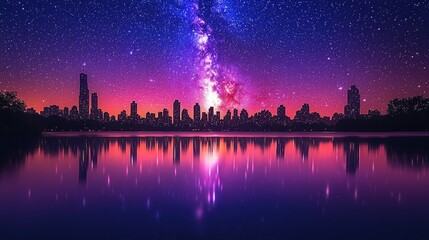 City Skyline with Milky Way Reflection at Night