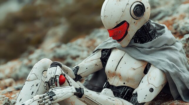 Futuristic Robot Sitting in a Wasteland Holding a Red Sphere