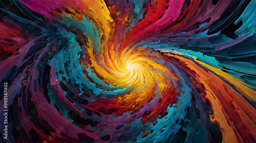 Poster colorful abstract swirl with a heart-shaped vortex and vibrant fractal patterns in rainbow hues