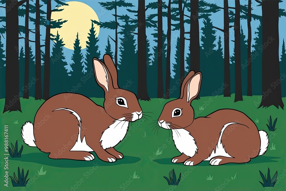 Poster whimsical block print style artwork of cute rabbits in a forest at dawn