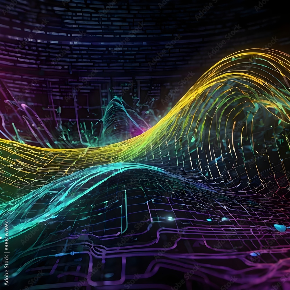 Poster fractal technology design, wave pattern virtual reality wallpaper, information backdrop line concept