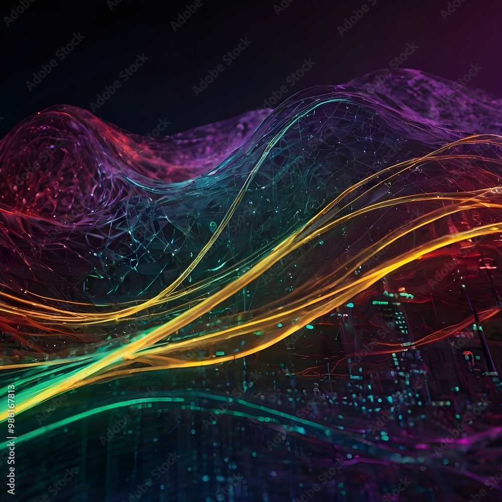 Poster fractal realms abstraction with glowing blue energy waves in a virtual reality-inspired design