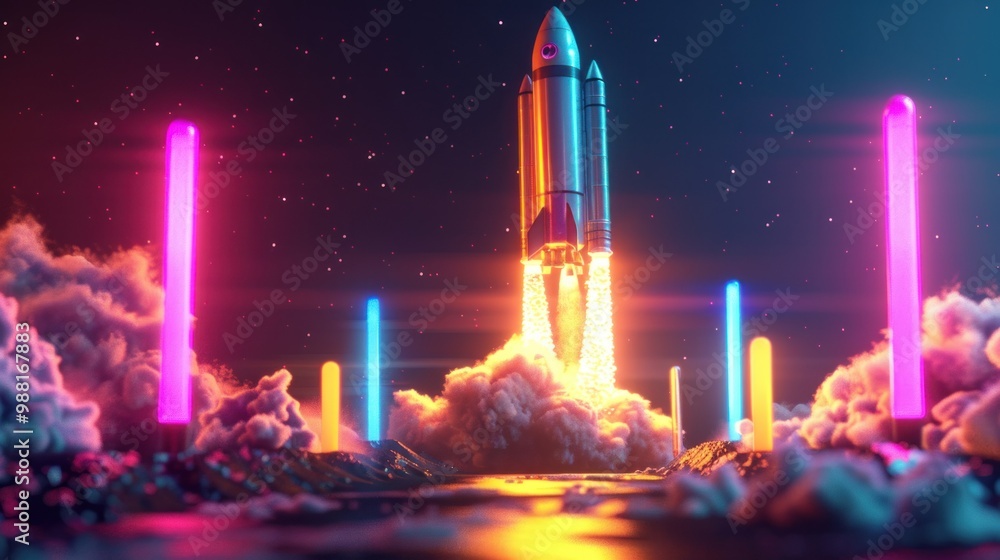 Poster rocket taking off with neon lights background, 3d rendering ai generated image