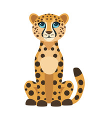 A charming cartoon cheetah sitting with a friendly expression and big blue eyes. Perfect for jungle-themed illustrations, children’s books, and animal-related designs