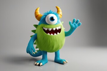Fototapeta premium Whimsical 3D Illustration of Playful Cartoon Monster Waving Against Clear Background