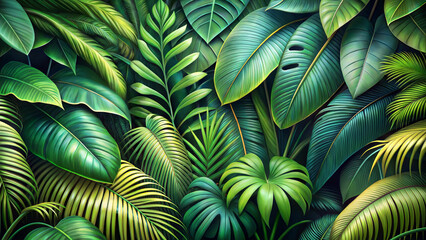 Lush tropical foliage pattern with various green leaves in a vibrant design
