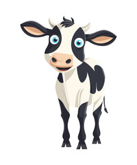 A charming cartoon cow with large blue eyes, black-and-white spots, and a friendly smile. This adorable design is perfect for farm-themed projects, children's content, and animal-related illustrations