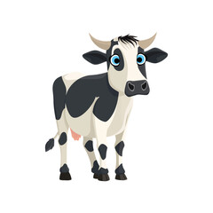 A cute cartoon black-and-white cow with large blue eyes and a friendly smile. This fun farm animal illustration is ideal for children's books, farm-themed content, and animal character designs.