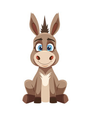 A cute cartoon donkey with big blue eyes, long ears, and a friendly smile, sitting in a relaxed position. The playful and charming design is ideal for children’s books, farm-themed content