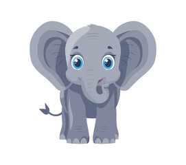 A charming cartoon baby elephant with big blue eyes and large floppy ears, standing with a friendly expression. This adorable design is perfect for children’s illustrations