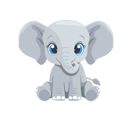 A cute cartoon illustration of a baby elephant with big blue eyes and large ears, sitting adorably. The soft color palette and friendly expression make it perfect for children’s content