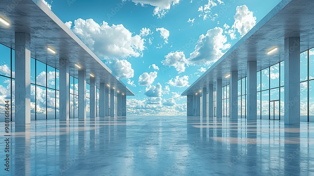 Poster modern architecture interior with large windows and sky reflection
