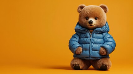 Cute Brown Bear in Blue Puffer Jacket on Yellow Background