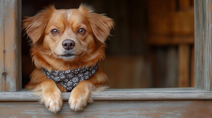 A charming golden retriever mix with soft fur and a patterned bandana leaning on a wooden fence, looking out with a curious expression in a rustic countryside setting