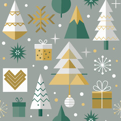 minimalist Christmas seamless pattern using simple, modern shapes and lines. Focus on pared-down holiday elements like abstract Christmas trees, geometric snowflakes, and minimal gift boxes,