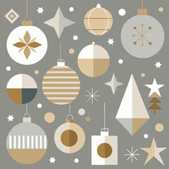 minimalist Christmas seamless pattern using simple, modern shapes and lines. Focus on pared-down holiday elements like abstract Christmas trees, geometric snowflakes, and minimal gift boxes,